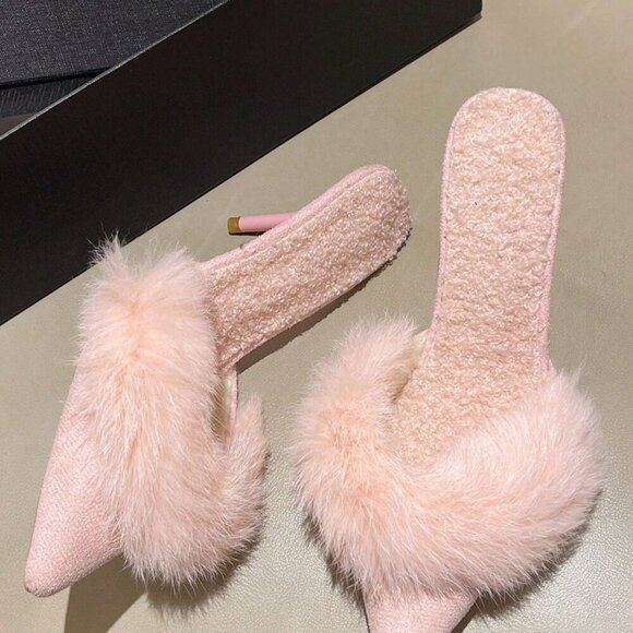 Pink Vacation Women's Fluffy Pointed Toe Slip On High Heel Slides - Picture 4 of 4
